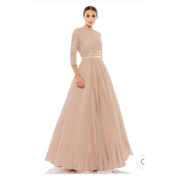 Mac Duggal Shimmering Pleated 3/4 Sleeve A-Line Ball Gown Rose Gold 4 30700 - Picture 1 of 8